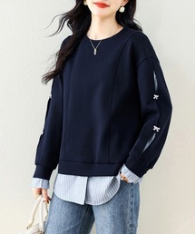 リボン付き袖ラインレイヤード風スウェット
