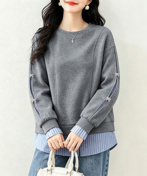 ONEP STAR(ワンピスター)の「リボン付き袖ラインレイヤード風スウェット(スウェット・レディース・ネイビー/グレー・X-LARGE/LARGE)」の2枚目の写真