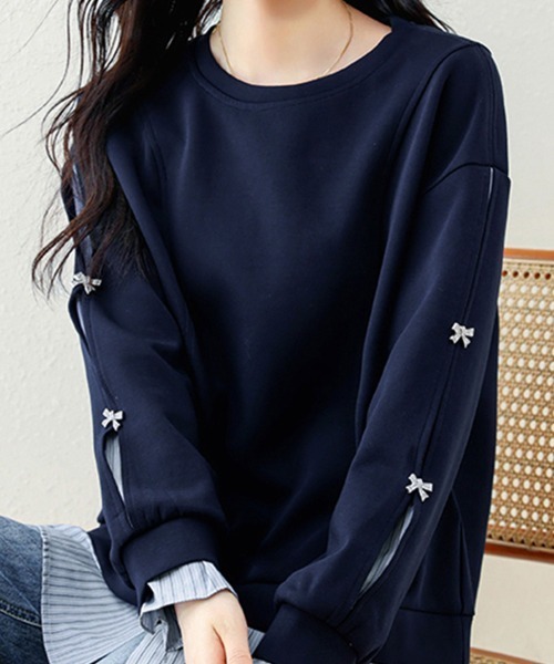 ONEP STAR(ワンピスター)の「リボン付き袖ラインレイヤード風スウェット(スウェット・レディース・ネイビー/グレー・X-LARGE/LARGE)」の7枚目の写真