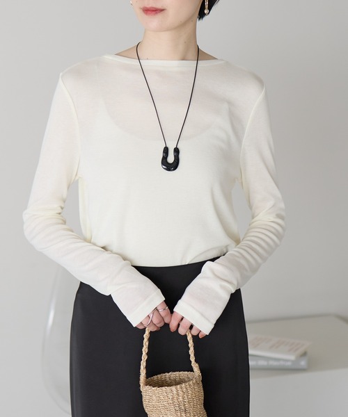 r.(アールドット)の「ボートネック シアートップス(Tシャツ/カットソー・レディース・ブラック/ライトグレー/ライトブルー/オフホワイト/ピンク/イエロー・FREE)」の1枚目の写真