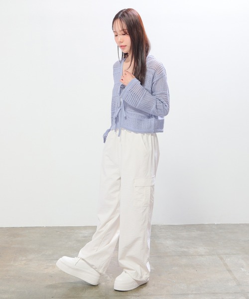 Honeys（ハニーズ）の「透かし編リボンカーデ（カーディガン/ボレロ・レディース・モカ/レッド/アイボリー/サックスブルー・L/M/S）」の9枚目の写真