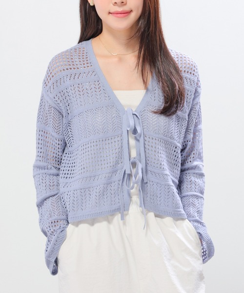 Honeys（ハニーズ）の「透かし編リボンカーデ（カーディガン/ボレロ・レディース・モカ/レッド/アイボリー/サックスブルー・L/M/S）」の10枚目の写真