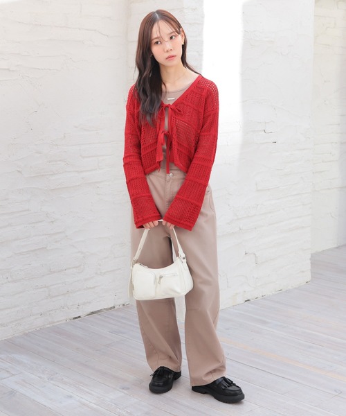 Honeys（ハニーズ）の「透かし編リボンカーデ（カーディガン/ボレロ・レディース・モカ/レッド/アイボリー/サックスブルー・L/M/S）」の11枚目の写真