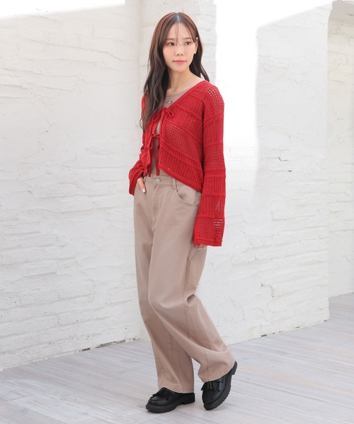 Honeys（ハニーズ）の「透かし編リボンカーデ（カーディガン/ボレロ・レディース・モカ/レッド/アイボリー/サックスブルー・L/M/S）」の12枚目の写真