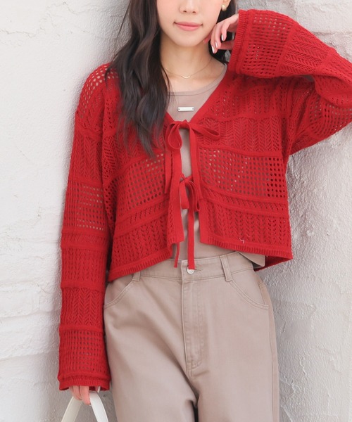 Honeys（ハニーズ）の「透かし編リボンカーデ（カーディガン/ボレロ・レディース・モカ/レッド/アイボリー/サックスブルー・L/M/S）」の13枚目の写真