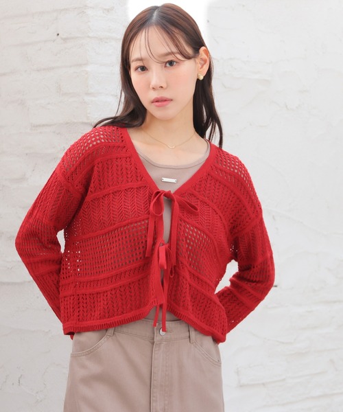 Honeys（ハニーズ）の「透かし編リボンカーデ（カーディガン/ボレロ・レディース・モカ/レッド/アイボリー/サックスブルー・L/M/S）」の14枚目の写真