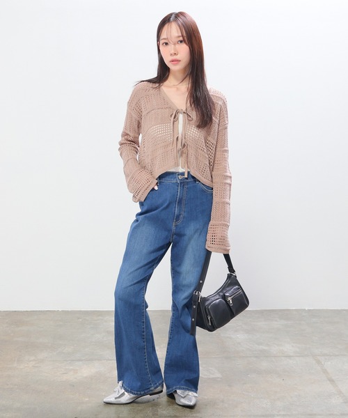 Honeys（ハニーズ）の「透かし編リボンカーデ（カーディガン/ボレロ・レディース・モカ/レッド/アイボリー/サックスブルー・L/M/S）」の15枚目の写真