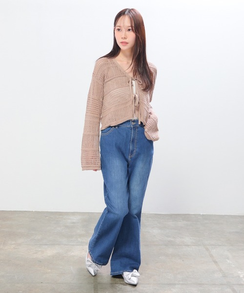 Honeys（ハニーズ）の「透かし編リボンカーデ（カーディガン/ボレロ・レディース・モカ/レッド/アイボリー/サックスブルー・L/M/S）」の16枚目の写真