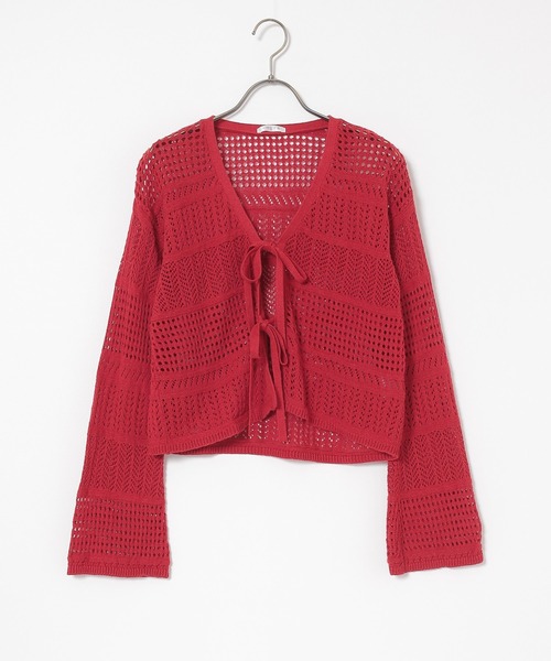 Honeys（ハニーズ）の「透かし編リボンカーデ（カーディガン/ボレロ・レディース・モカ/レッド/アイボリー/サックスブルー・L/M/S）」の22枚目の写真