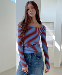 ストライプスcoopネックTシャツ_ブルー