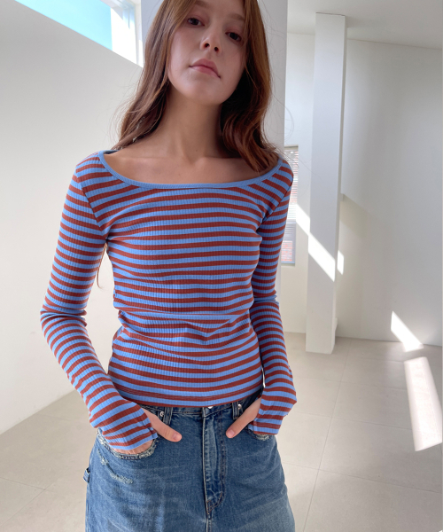 RAVEROUS(レイバーロス)の「ストライプスcoopネックTシャツ_ブルー(Tシャツ/カットソー・レディース・その他・FREE)」の2枚目の写真