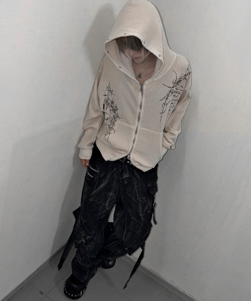 RUDOL（ルドル）の「『RUDOL/ルドル』ワッフル素材短丈ダブルジップパーカー（パーカー・メンズ・アイボリー/チャコール・L/M）」の12枚目の写真