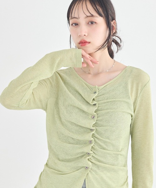 earth music&ecology（アースミュージックアンドエコロジー）の「【2026SS】シアーワッフルタックボタントップス（Tシャツ/カットソー・レディース・ブラウン/レッド/ライトグリーン/オフホワイト・FREE）」の11枚目の写真