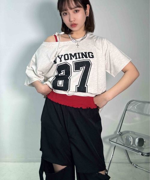 AS KNOW AS plus(アズノゥアズプラス)の「〇ワンショル 2WAYリボン半袖プルオーバー(Tシャツ/カットソー・レディース・オートミール/カモフラージュ/ブラック/グレー系/グリーン系その他/アイボリー系・FREE)」の7枚目の写真