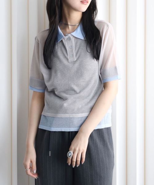 YENNA(イェンナ)の「レイヤード風襟付きニット / シアー素材 / バイカラー / ポロニット(ニット/セーター・レディース・アイボリー/ブラック/グレー・FREE)」の1枚目の写真