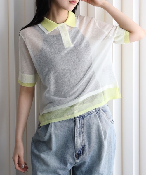 YENNA(イェンナ)の「レイヤード風襟付きニット / シアー素材 / バイカラー / ポロニット(ニット/セーター・レディース・アイボリー/ブラック/グレー・FREE)」の21枚目の写真