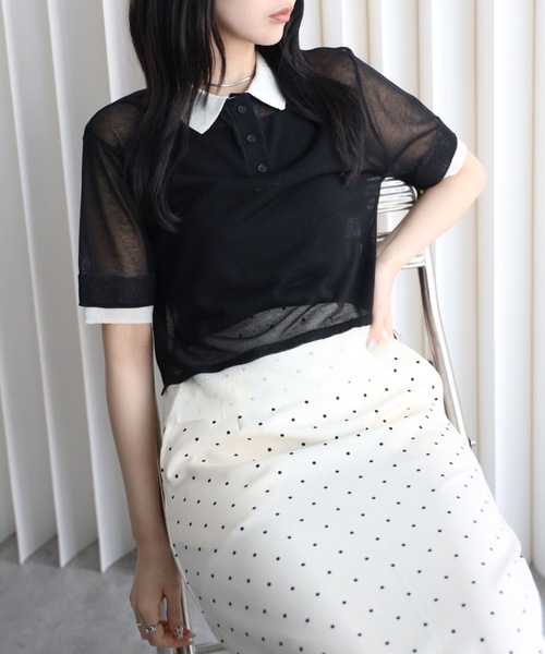 YENNA(イェンナ)の「レイヤード風襟付きニット / シアー素材 / バイカラー / ポロニット(ニット/セーター・レディース・アイボリー/ブラック/グレー・FREE)」の22枚目の写真