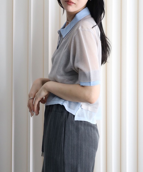 YENNA(イェンナ)の「レイヤード風襟付きニット / シアー素材 / バイカラー / ポロニット(ニット/セーター・レディース・アイボリー/ブラック/グレー・FREE)」の16枚目の写真