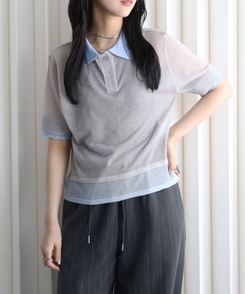 YENNA(イェンナ)の「レイヤード風襟付きニット / シアー素材 / バイカラー / ポロニット(ニット/セーター・レディース・アイボリー/ブラック/グレー・FREE)」の7枚目の写真