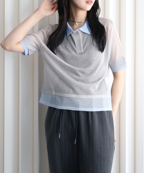 YENNA(イェンナ)の「レイヤード風襟付きニット / シアー素材 / バイカラー / ポロニット(ニット/セーター・レディース・アイボリー/ブラック/グレー・FREE)」の8枚目の写真