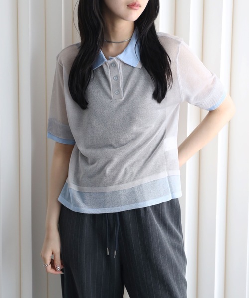 YENNA(イェンナ)の「レイヤード風襟付きニット / シアー素材 / バイカラー / ポロニット(ニット/セーター・レディース・アイボリー/ブラック/グレー・FREE)」の9枚目の写真