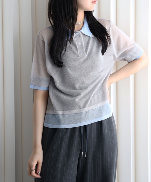 YENNA(イェンナ)の「レイヤード風襟付きニット / シアー素材 / バイカラー / ポロニット(ニット/セーター・レディース・アイボリー/ブラック/グレー・FREE)」の11枚目の写真