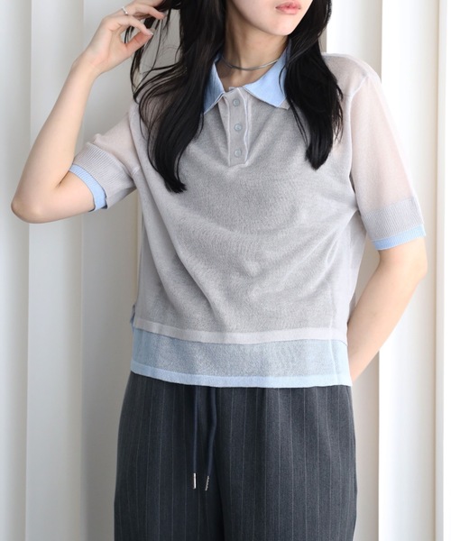 YENNA(イェンナ)の「レイヤード風襟付きニット / シアー素材 / バイカラー / ポロニット(ニット/セーター・レディース・アイボリー/ブラック/グレー・FREE)」の12枚目の写真