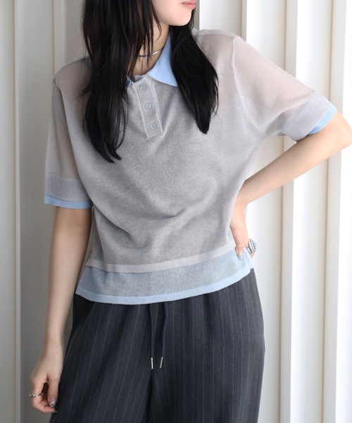 YENNA(イェンナ)の「レイヤード風襟付きニット / シアー素材 / バイカラー / ポロニット(ニット/セーター・レディース・アイボリー/ブラック/グレー・FREE)」の13枚目の写真
