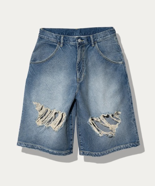 go slow caravan(ゴースローキャラバン)の「10oz デニムバイアスダメージ ワイドショーツ(その他パンツ・メンズ・インディゴブルー/ブラック系その他・MEDIUM/LARGE/X-LARGE)」の1枚目の写真