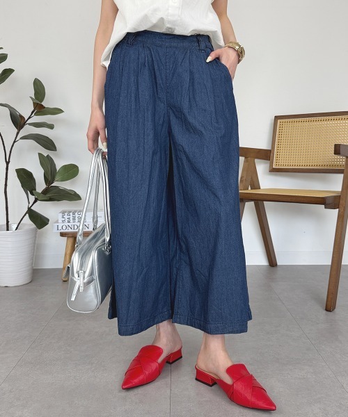 RCD(アールシーディー)の「エアリーデニム前タックワイドパンツ(デニムパンツ・レディース・ワンウォッシュ/ネイビー・LL/L/3L/M/4L)」の1枚目の写真