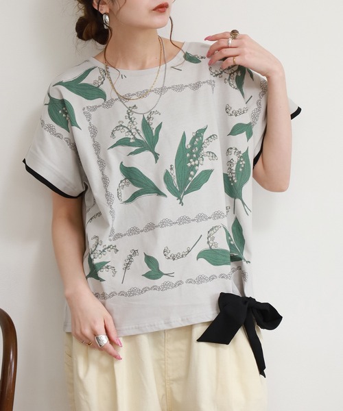 KILKI(キルキー)の「kilki リボン付き総柄フェイクレイヤードカットソー 半袖(Tシャツ/カットソー・レディース・グレー系その他2/ホワイト系その他3/グレー系その他3・FREE)」の1枚目の写真