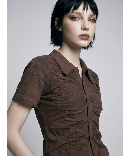 TAJEN:T(タジェント)の「【TAJEN:T】SHIRRING CUT & SEW SHIRT/シャーリングカットソーシャツ(Tシャツ/カットソー・レディース・アイボリー/ブラック/ブラウン・FREE)」の13枚目の写真