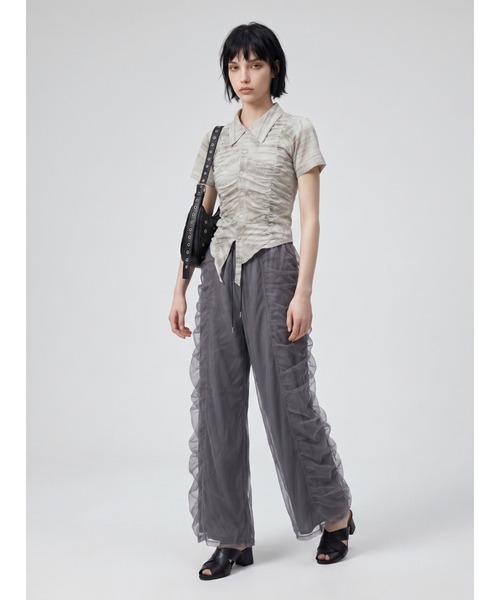 TAJEN:T(タジェント)の「【TAJEN:T】SHIRRING CUT & SEW SHIRT/シャーリングカットソーシャツ(Tシャツ/カットソー・レディース・アイボリー/ブラック/ブラウン・FREE)」の4枚目の写真