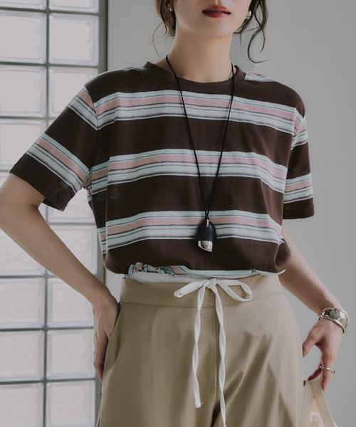 210nouve（トゥージュヌーブ）の「配色 マルチボーダー シアー Tシャツ（Tシャツ/カットソー・レディース・ブラウン/ピンク/ネイビー・FREE）」の7枚目の写真