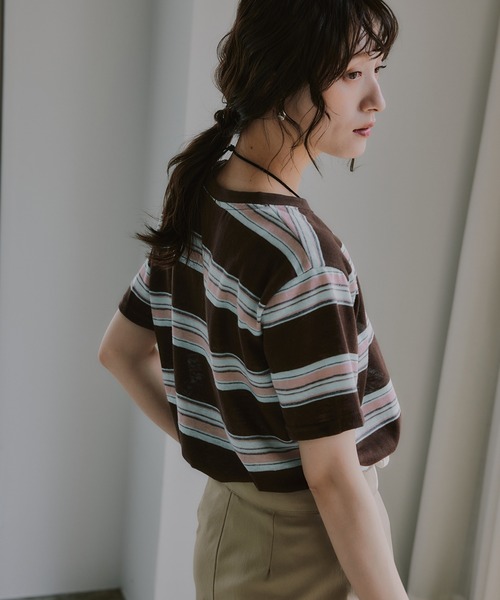 210nouve（トゥージュヌーブ）の「配色 マルチボーダー シアー Tシャツ（Tシャツ/カットソー・レディース・ブラウン/ピンク/ネイビー・FREE）」の8枚目の写真