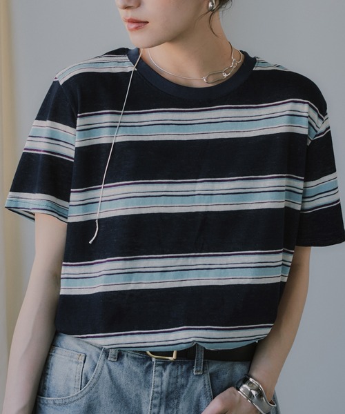 210nouve（トゥージュヌーブ）の「配色 マルチボーダー シアー Tシャツ（Tシャツ/カットソー・レディース・ブラウン/ピンク/ネイビー・FREE）」の9枚目の写真