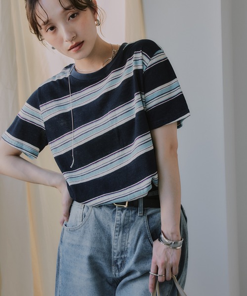 210nouve（トゥージュヌーブ）の「配色 マルチボーダー シアー Tシャツ（Tシャツ/カットソー・レディース・ブラウン/ピンク/ネイビー・FREE）」の11枚目の写真