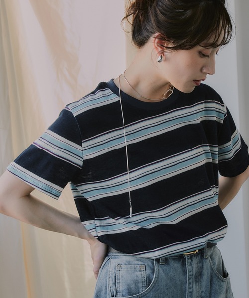210nouve（トゥージュヌーブ）の「配色 マルチボーダー シアー Tシャツ（Tシャツ/カットソー・レディース・ブラウン/ピンク/ネイビー・FREE）」の12枚目の写真