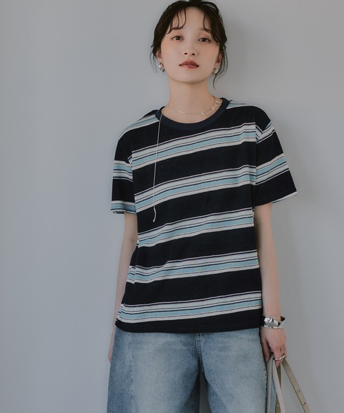 210nouve（トゥージュヌーブ）の「配色 マルチボーダー シアー Tシャツ（Tシャツ/カットソー・レディース・ブラウン/ピンク/ネイビー・FREE）」の14枚目の写真