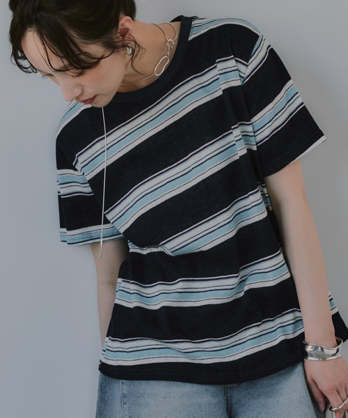 210nouve（トゥージュヌーブ）の「配色 マルチボーダー シアー Tシャツ（Tシャツ/カットソー・レディース・ブラウン/ピンク/ネイビー・FREE）」の15枚目の写真