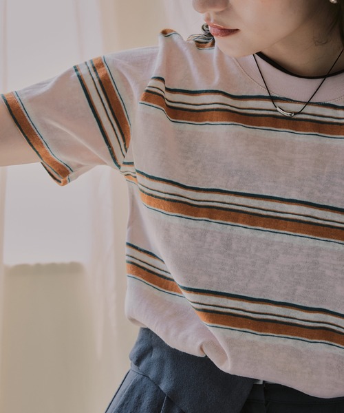 210nouve（トゥージュヌーブ）の「配色 マルチボーダー シアー Tシャツ（Tシャツ/カットソー・レディース・ブラウン/ピンク/ネイビー・FREE）」の18枚目の写真