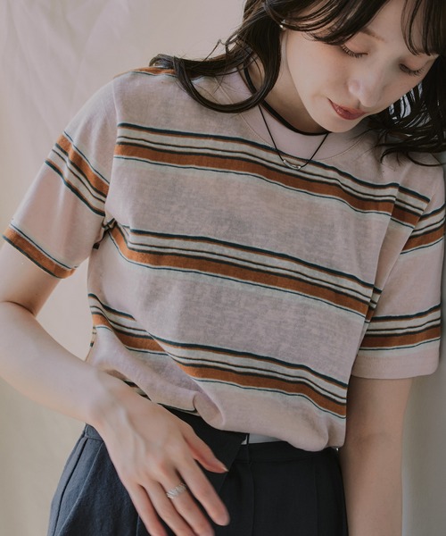 210nouve（トゥージュヌーブ）の「配色 マルチボーダー シアー Tシャツ（Tシャツ/カットソー・レディース・ブラウン/ピンク/ネイビー・FREE）」の16枚目の写真