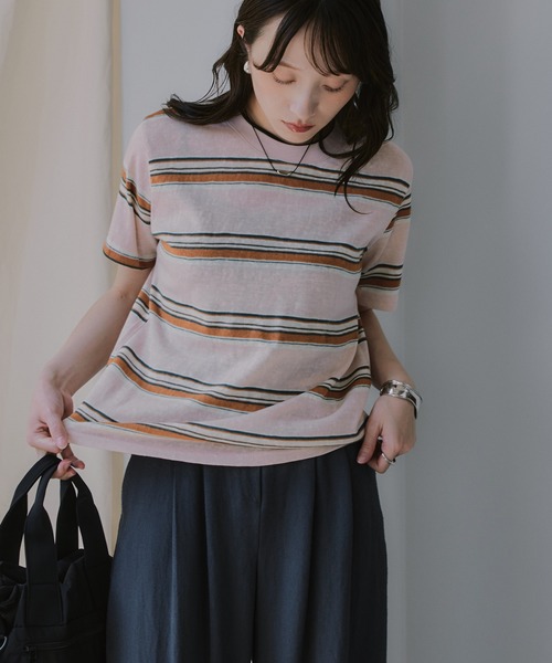 210nouve（トゥージュヌーブ）の「配色 マルチボーダー シアー Tシャツ（Tシャツ/カットソー・レディース・ブラウン/ピンク/ネイビー・FREE）」の19枚目の写真