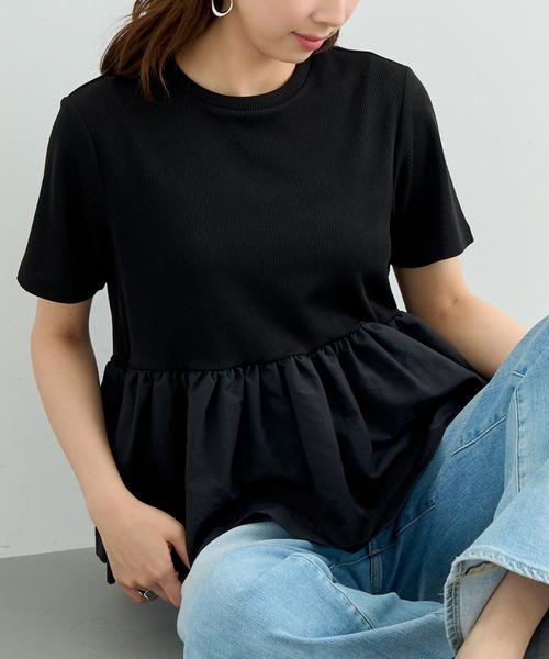 MAISON BREEZE reveur(メゾンブリーズレヴール)の「【MAISON BREEZE reveur】ナイロンペプラムテレコプルオーバー trc(Tシャツ/カットソー・レディース・ブラック/オフホワイト・FREE)」の1枚目の写真