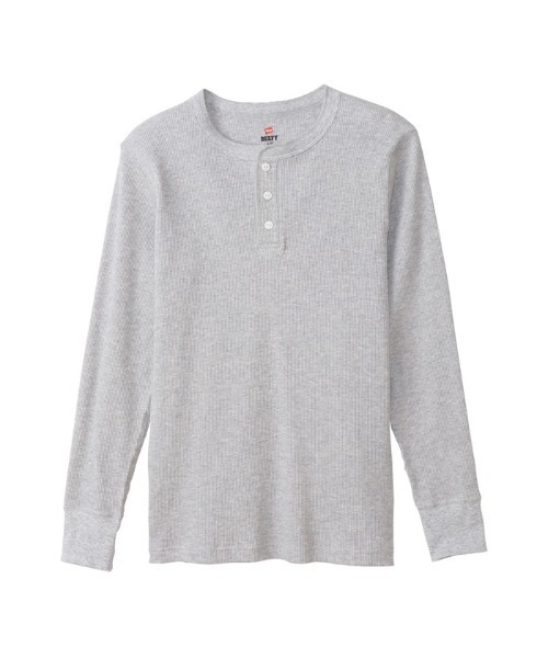 HANES（ヘインズ）の「Hanes/ヘインズ  BEEFY ヘンリーネックロングスリーブ（Tシャツ/カットソー・メンズ・ヘザーグレー/ブラック/ホワイト・XL/S/L/M）」の3枚目の写真