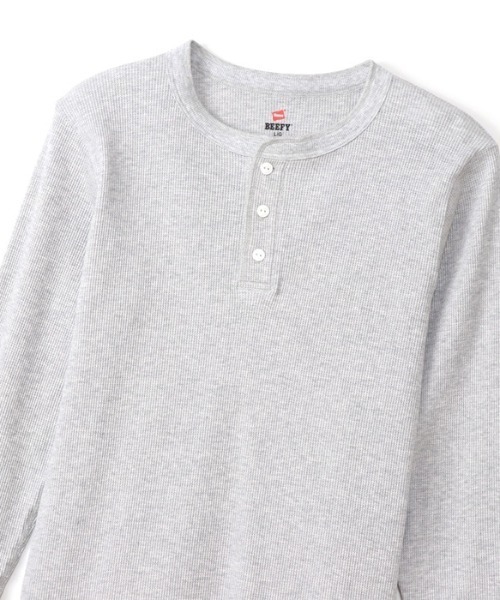 HANES（ヘインズ）の「Hanes/ヘインズ  BEEFY ヘンリーネックロングスリーブ（Tシャツ/カットソー・メンズ・ヘザーグレー/ブラック/ホワイト・XL/S/L/M）」の10枚目の写真