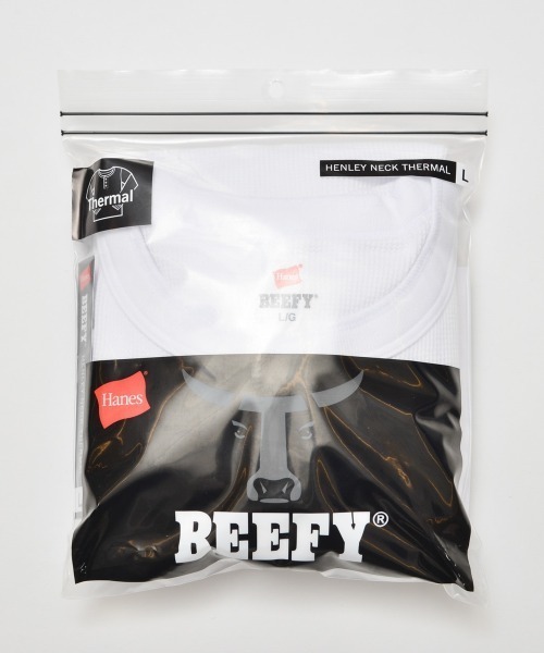 HANES（ヘインズ）の「Hanes/ヘインズ  BEEFY ヘンリーネックロングスリーブ（Tシャツ/カットソー・メンズ・ヘザーグレー/ブラック/ホワイト・XL/S/L/M）」の6枚目の写真