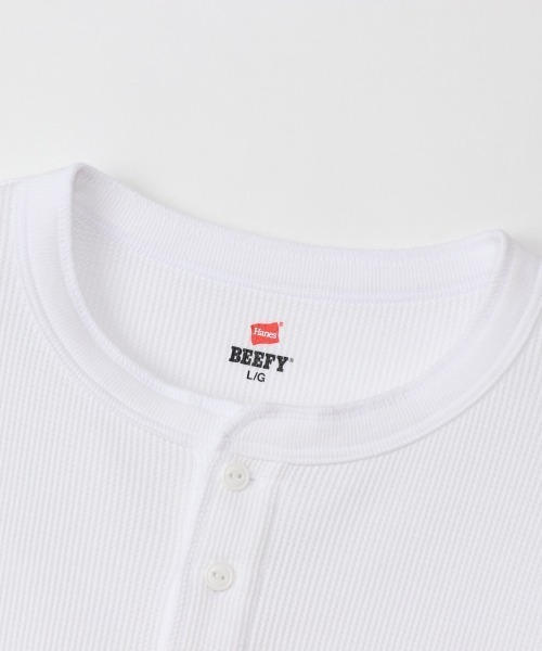 HANES（ヘインズ）の「Hanes/ヘインズ  BEEFY ヘンリーネックロングスリーブ（Tシャツ/カットソー・メンズ・ヘザーグレー/ブラック/ホワイト・XL/S/L/M）」の5枚目の写真