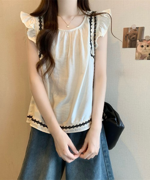 AMAJI（アマジ）の「フレンチスリーブ切替 ノースリーブブラウス（シャツ/ブラウス・レディース・イエロー/ネイビー/ベージュ・FREE）」の2枚目の写真