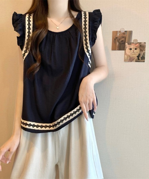 AMAJI（アマジ）の「フレンチスリーブ切替 ノースリーブブラウス（シャツ/ブラウス・レディース・イエロー/ネイビー/ベージュ・FREE）」の4枚目の写真